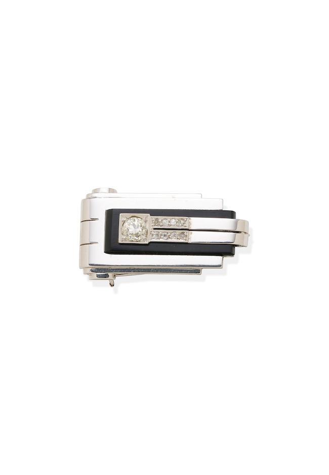 DIAMOND AND ONYX CLIP BROOCH