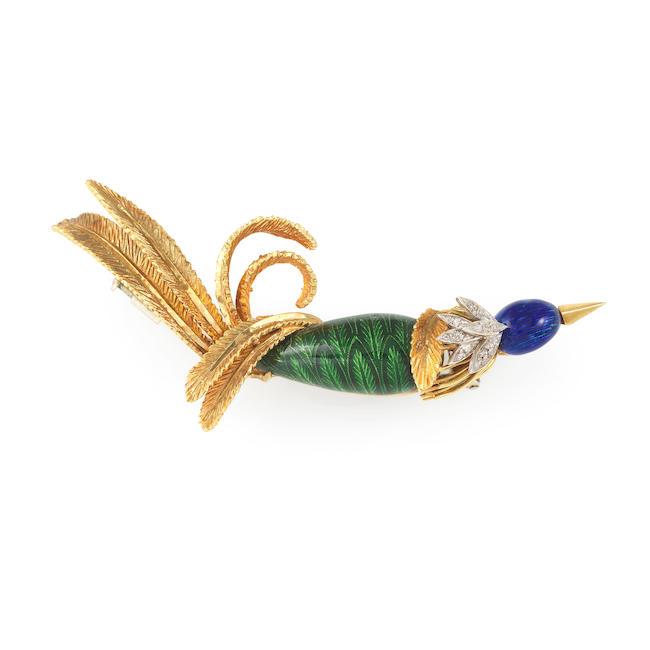 BROCHE 'OISEAU' EMAIL ET DIAMANTS