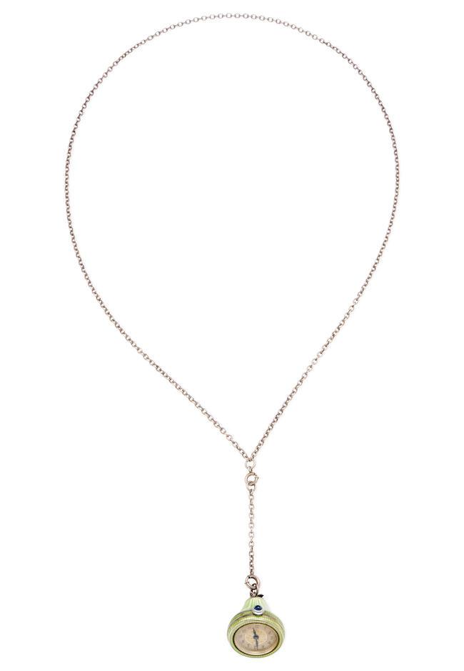 STERLING SILVER AND GREEN GUILLOCHE BELL WIND WATCH PENDANT